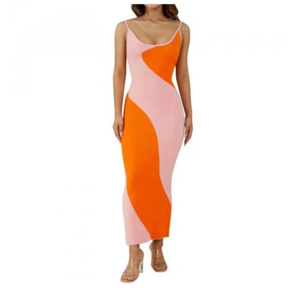 Boutique Knit Orange Pink Colorblock Sleeveless Maxi Dress Size Medium